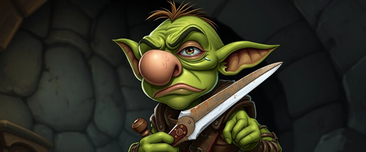 A short green goblin with a bulbous nose, mid-sneeze, eyes watering, holding a rusty dagger, tattered leather armor, exaggerated cartoon realism, dungeon background, humorous fantasy illustration, high detail