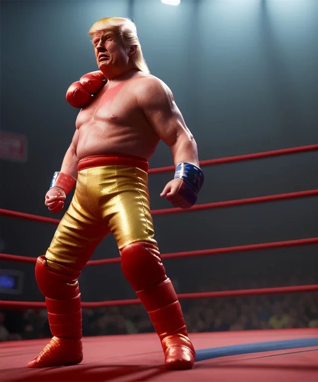 Donald trump wrestling fighter, naked torso, color breeches, suspenders, retro style, 80s, hot ambient, photo studio, red, gold, vibrant color, gradient, highly detailed, art stations, concept art, smooth, unreal engine 5, god rays, ray tracing, RTX, lumen lighting, ultra detail, volumetric lighting, 3d, finely drawn, high definition, high resolution.