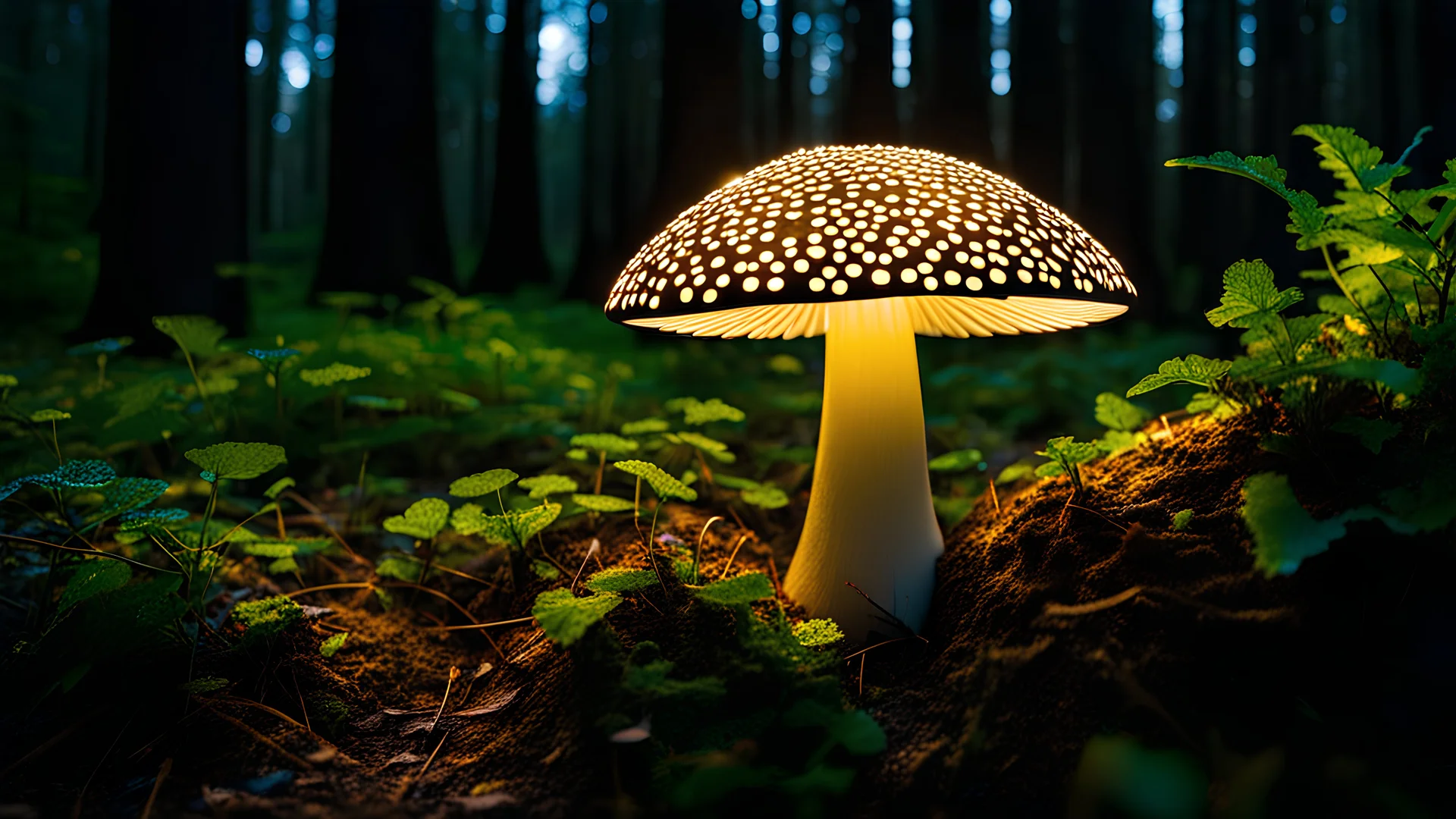 punctured paper illuminated mushroom in nature