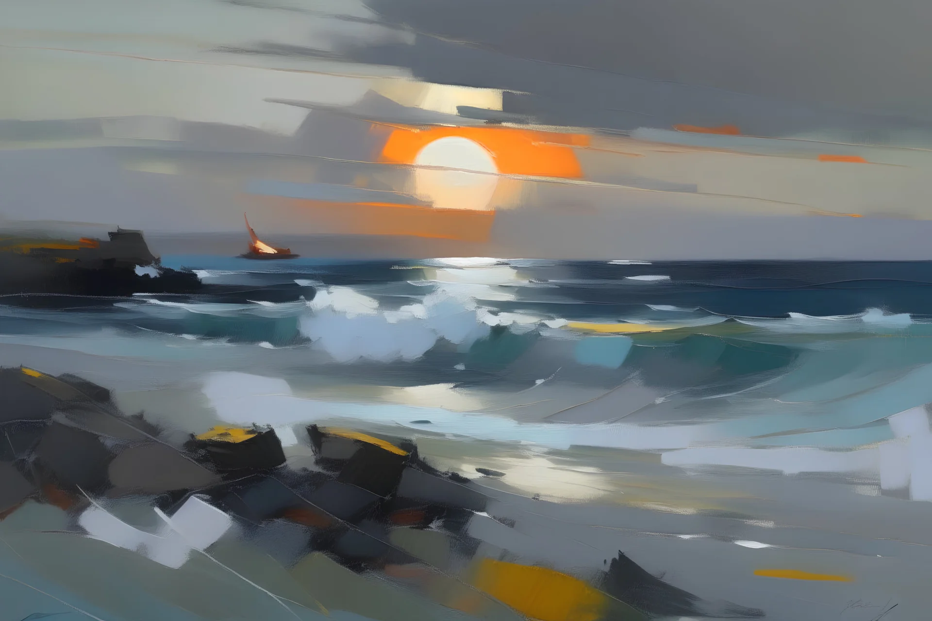 seascape with sunset by Chris bushe with thick oil and palette knife