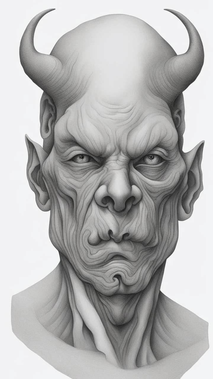 𝙋𝙧𝙤𝙢𝙥𝙩 highly detailed graphite illustration, A surreal devil figure with exaggerated anatomical features, heavily wrinkled skin, and an intense, contemplative expression. bald head, thick eyebrows, long beard merge into swirling abstract shapes. Large, expressive hands, one covering the mouth and the other gripping the forehead tensely. Mysterious, introspective, dreamlike, somewhat dark fantasy. #𝙙𝙧𝙚art #prompt