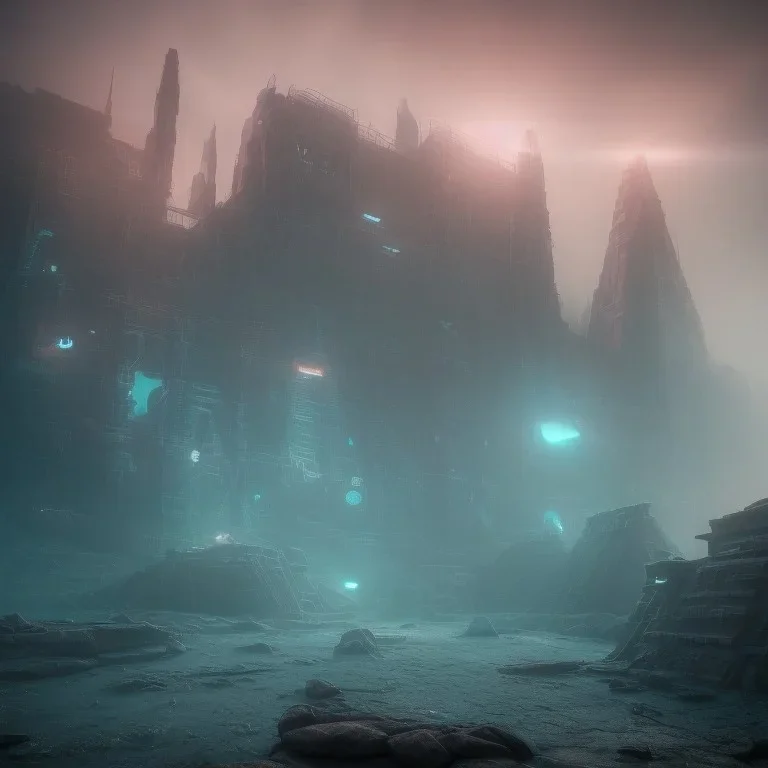 sci-fi city underwater with pyramids and ancient writings, mood is gloomy, colors include blue and red and green, shafts of lighting, mist, , photorealistic, , volumetric light, cinematic