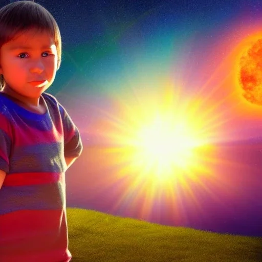 subtle indigenous child in a galactic ambiance, light, sun