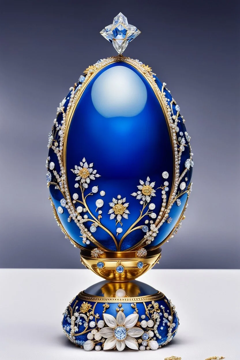 A Fabergé jewelled egg, the exterior of the egg resembles perfect blue crystal egg formed with many gold decorations. It is studded with diamonds and is made from quartz, platinum, and orthoclase with miniature flowers, diamonds and made from platinum and gold, the flowers and plants made of white quartz and gold, The box features decorative Swarovski crystals and an enamel finish, high quality, detailed, photography, stunning