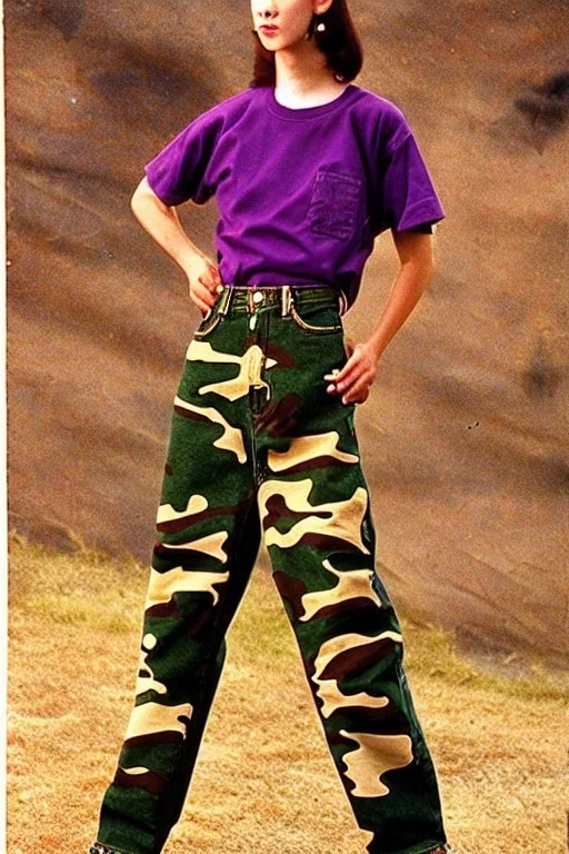 year 1996 denim fashion. Loose fit, "combat pants" with low waist, baggy, Combat pants and t-shirt. Colors: denim blue, blue, purple, khaki, light green, lilac, plum, orange, terracotta, red, pink, dark blue, beige. Women models. Patterns: Something between camouflage and lynx prints, stripes. Sturnus vulgaris pattern prints.Jennifer Lopez, Gwyneth Paltrow, . Big tennis shoes on. Cargo pants. street style hoodie