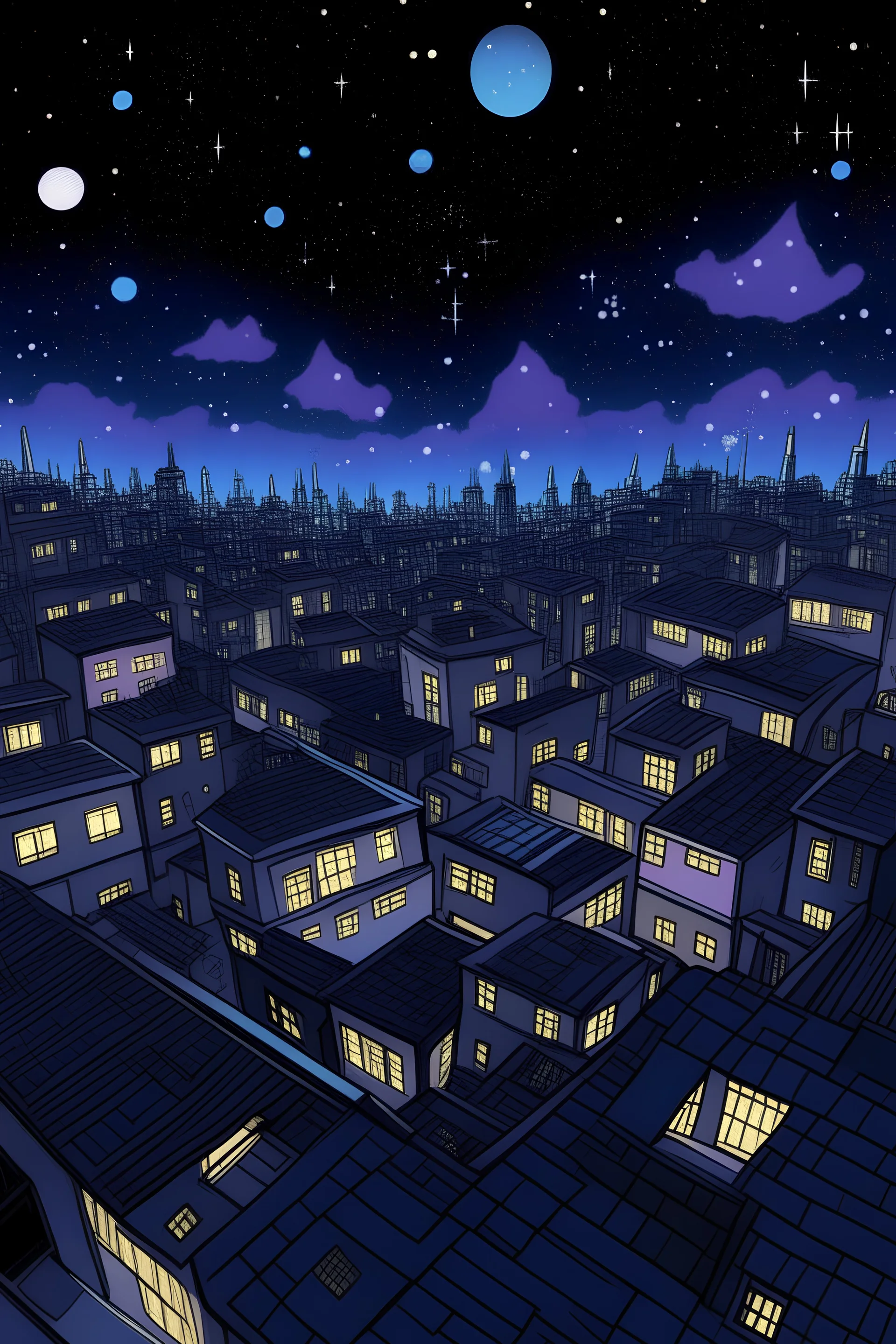 Oregami galaxy cities in a galaxy with ninjas on the roofs