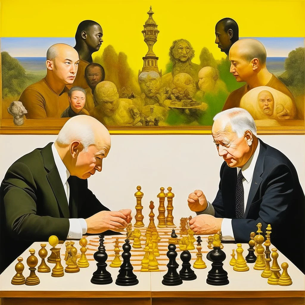 Putin, President Xi Of China And Joe Biden Play Chess With A Pigeon,Ufo And Atomic Bomb Mushroom Cloud,Complex Surgical Instruments Intermixed With A Newborn Boy,Minimalism,Painting By Adrian Ghenie,Rene Magritte,Pablo Picasso,Michelangelo,Salvador Dali,Lucian Freud