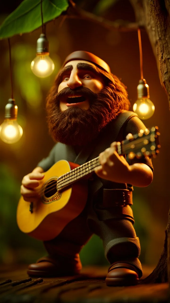 portrait of hairy rock guitar ninja sweet cucumber living inside a tree house in a hollow huge tree growing light bulbs, singing into ornate studio mic,bokeh like f/0.8, tilt-shift lens 8k, high detail, smooth render, down-light, unreal engine, prize winning