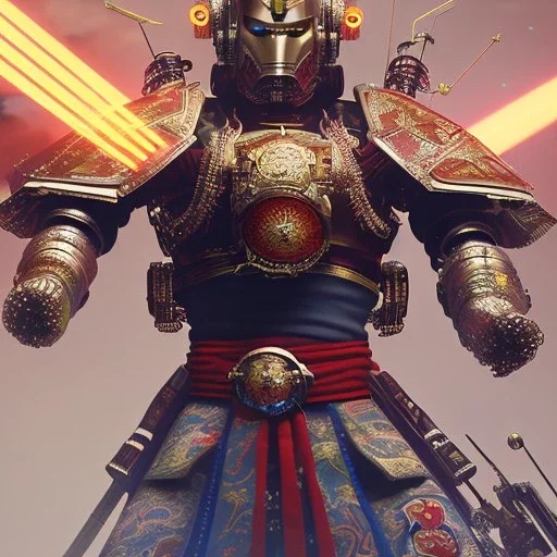 A portrait of a crystalised robot samurai with yakuza tatu, atmospheric, realistic, unreal engine cosmic galactic, cinematic lighting, octane render, cosmic ambiance, masterpiece, art by Yoji Shinkawa, composing fit inside, masterpiece