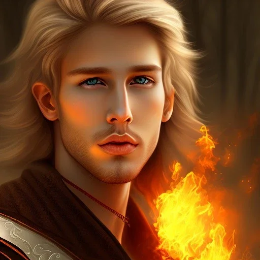 Male, Human, Blond, Sorcerer, Fire Mage, Golden Eyes, Young, Photorealism, Full Body Shot, Forest Background