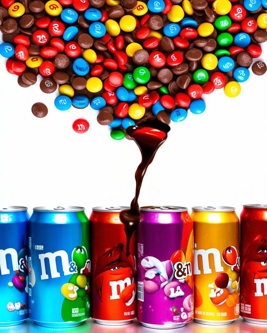 An image of several colored soda cans side by side at the bottom of the image, with M&M chocolates pouring out of them, and the space is filled with color, chocolate chips, and fruit pieces in a soda-like atmosphere with happy, beautiful colors.