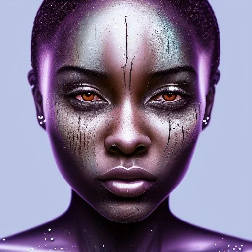 Portrait of a young black woman crying. Tears the colour of oil. Depression seeping out of her eyes nose and mouth like a oil spill