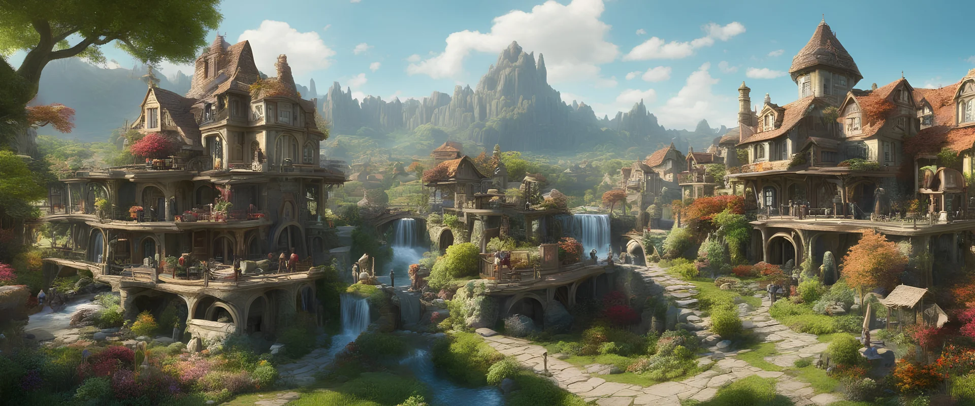 A busy surrealist market in a beautiful surreal sunny countryside scene with distant hills, many conjoining intricate characterful dwellings (designed by Esher), pathways & stairways, waterfalls & a waterwheel : ultra high detail, photorealistic, epic cinematic, 8K, Large depth of field