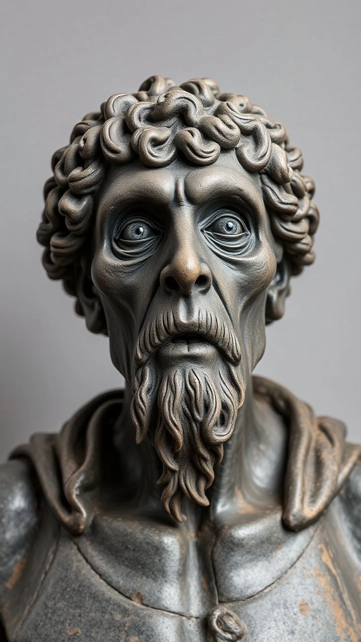 Ceramic style statue all colours are dark gray of an old church man from the 1000 BC in it a whole body and the head of dead man with thick curly hair and his eyes are open wide and open mouth with rage