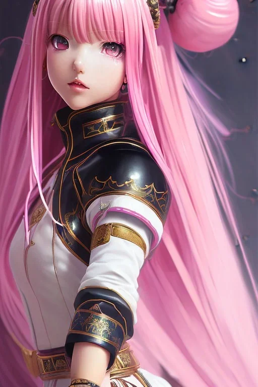 Detailed cute anime Kunoichi girl, pink hair buns, pink bangs, black latex bodysuit, intricate details, full body portrait, head in frame, slight smile, black Japanese motif, concept art, highly detailed, digital painting, concept art, sharp focus, illustration, art by Yoji Shinkawa, WLOP and greg rutkowski and alphonse mucha and artgerm and yanjun Chen and Junji ito and Makoto Shinkai, HDR, octane render