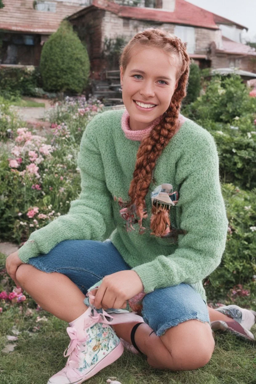 Sherrie Sue Engellant, a tiny, stacked, well-endowed 18-year-old girl with Long, auburn red-brown hair cornrow style, sea-green eyes, sitting in her front yard wearing a pink, knit, turtleneck sweater, blue jeans, black converse sneakers, a sly, clever grin on her face, (plump, full, pouty lips) ,