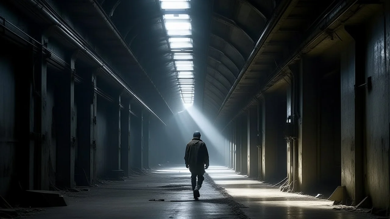 A lone figure wearing a helmet and a grey jacket walks down a dusty, metallic corridor. The corridor is vast and industrial, with curved, textured walls that appear to be part of a massive structure. Tracks run along the floor, suggesting a railway or transport system. In the distance, several other figures are visible, silhouetted against the dim light of the tunnel's end. The overall atmosphere is one of desolation and mystery, with a science fiction aesthetic.