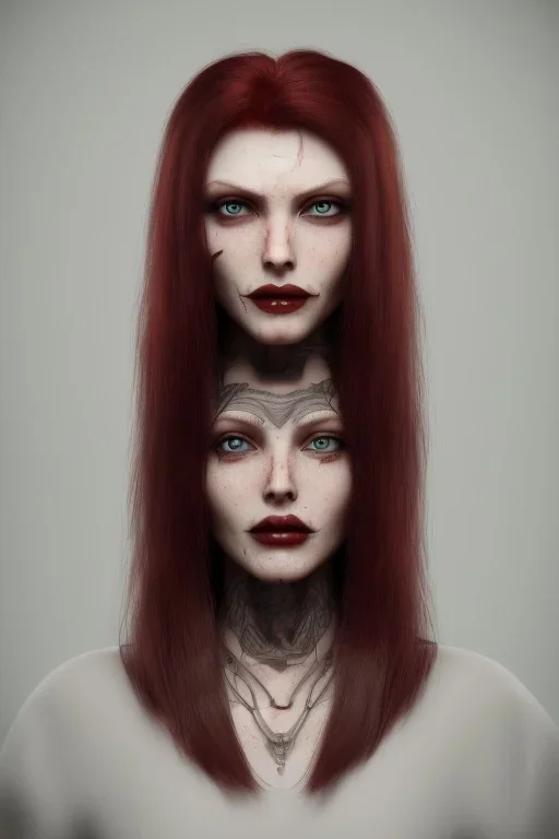 beauty vampire woman with long red hair, with tattoos, full