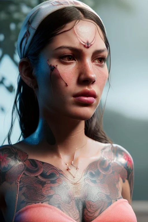 Ultra Realistic image, Rosalía artist, portrait, small complexion, natural small busty, traditional Japanese tattoo, jakuza style, vibrant color, highly detailed, art stations, concept art, smooth, unreal engine 5, god rays, ray tracing, RTX, lumen lighting, ultra detail, volumetric lighting.