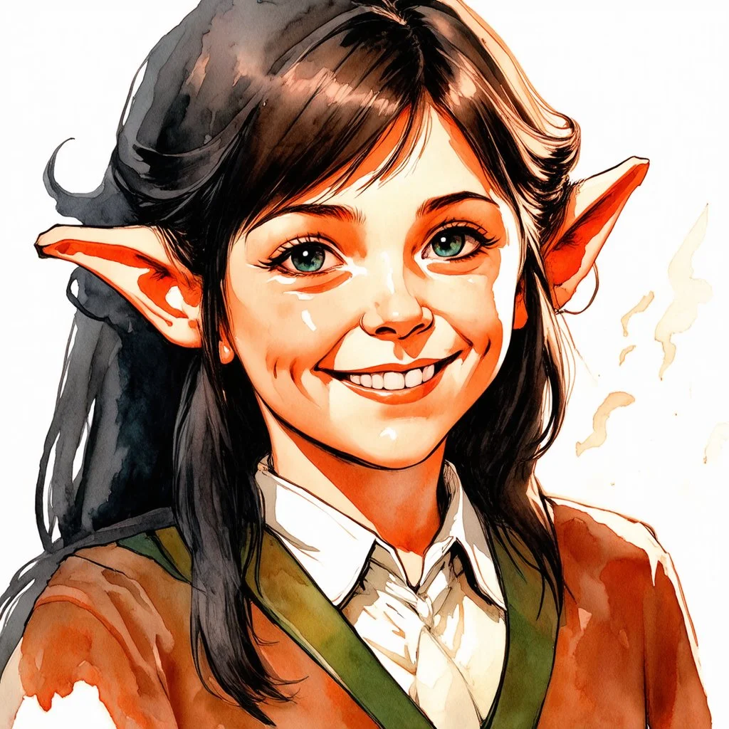 dnd, fantasy, watercolour, portrait, illustration, halfling, female, laborous, opportunistic, hearthy, sly, authoritative, smiling, wide face