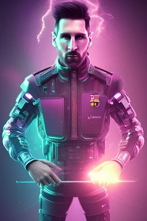 lionel messi style cyberpunk, purple tones, high lighting