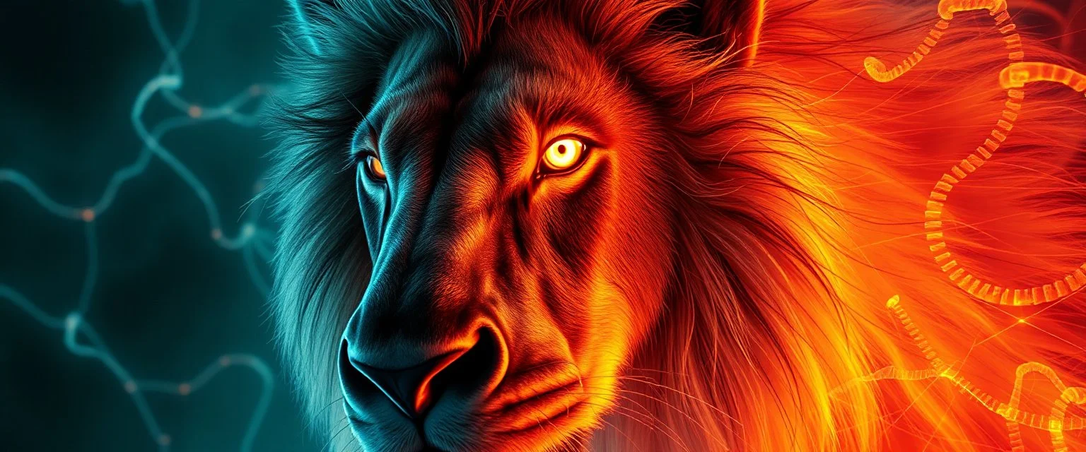 close up portrait of a plasma vampire flickers like hypnotic fire in geometric shapes like a dna swirl of time and a fearsome fluffy lion horse in the style of H R Giger