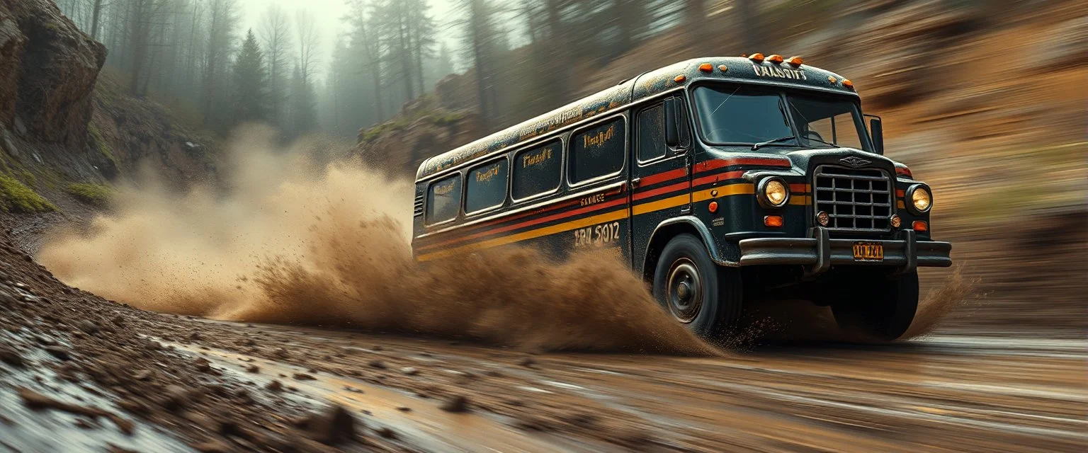 mega blasting fast, so freaking fast, faster than a greased muscle shiny cowboy disco funk fusion fluffy man gremlin monkey pig on a runaway mud black veteran buss truck jumping over the cliff . speed and energy, painted by Rembrandt and fallout 4, straight down a muddy slide