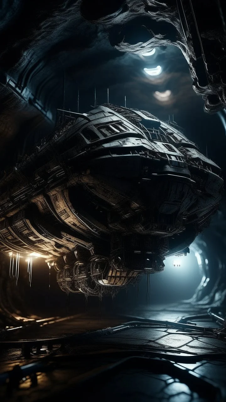 A strange spaceship in side Si-Fi, The cave of Batman atmospheric lighting effects, intricate industrial details, moody atmosphere, eerie grimdark ambiance, complex motherboard accents, speculative fiction art. Bokeh