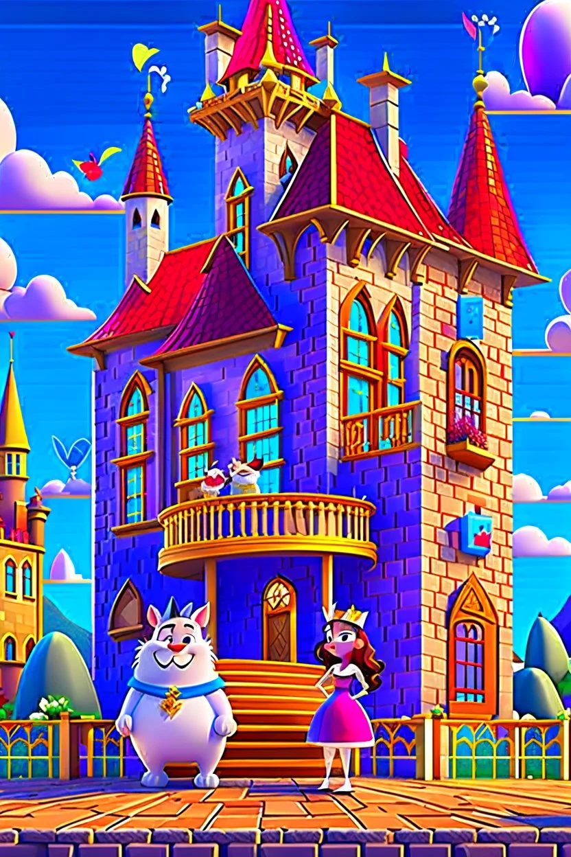 A animation image of a beautiful castle, a balcony with king, queen and a fat cat