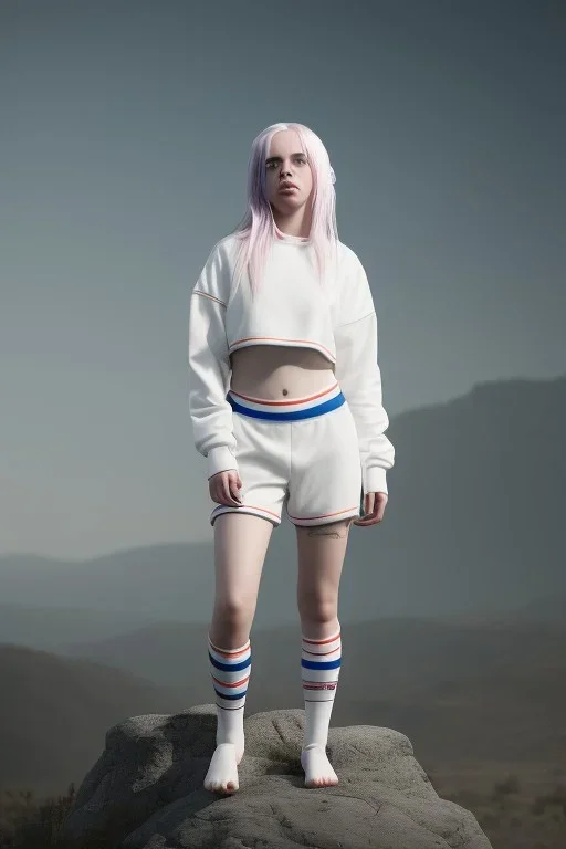 Billie Eilish, underpants, white socks, pale skin, high detail, realistic, 8k, not to be distinguished from a photo