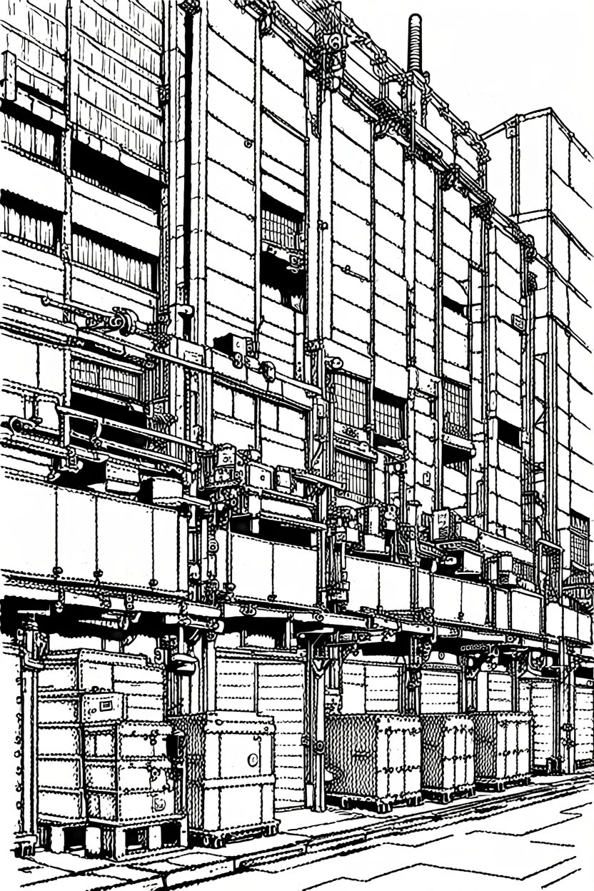 Tokyo, industrial warehouses, line arts, manga style