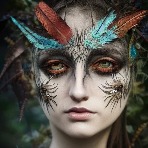 karlan, rusty metal, feathers, Dryad, fae, sidhe, ominous, nature, plants, wildflower, facepaint, dnd character portrait, intricate, oil on canvas, masterpiece, expert, insanely detailed, 4k resolution, retroanime style, cute big circular reflective eyes, cinematic smooth, intricate detail , soft smooth lighting, soft pastel colors, painted Renaissance style ugly, tiling, poorly drawn hands, poorly drawn feet, poorly drawn face, out of frame, extra limbs, disfigured, deformed, body out of frame