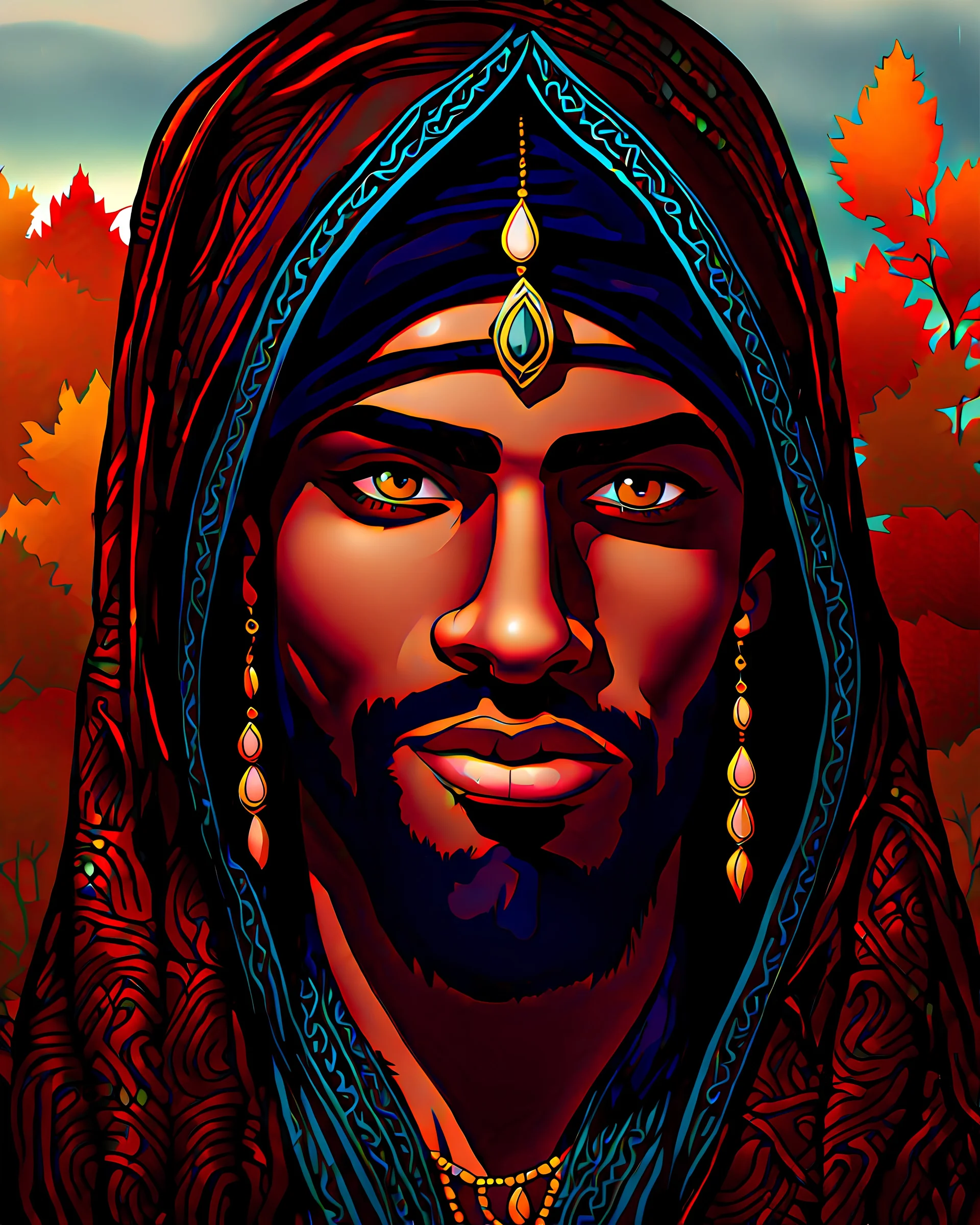 The face of a dark young man wearing traditional Arab clothing, her eyes kohl-rimmed, autumn background, oil colors, cartoon drawings...