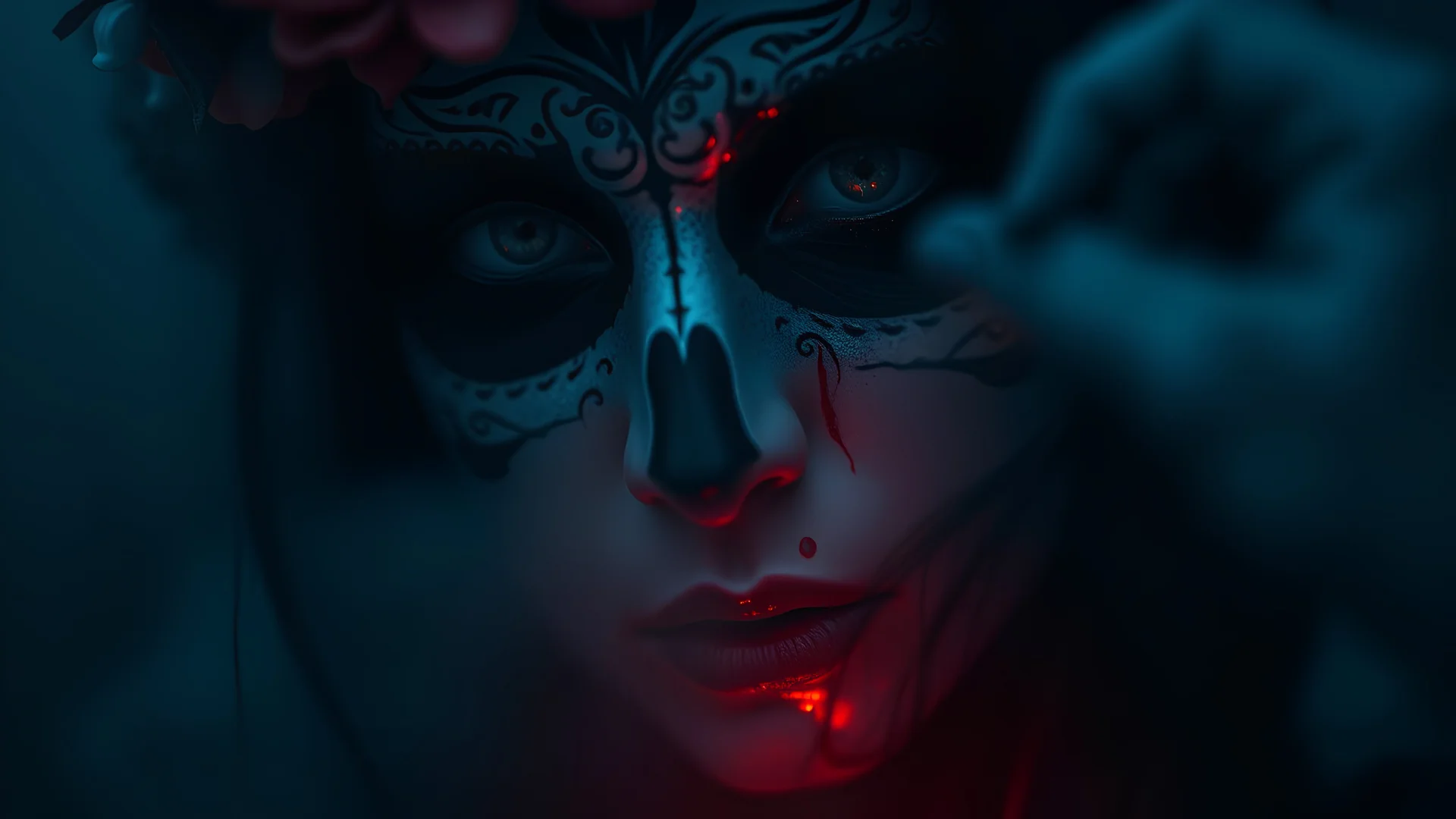 fantasy, , Día de los Muertos, fog, blood ritual, Ritual de sangre pura, mist, rich detail, dark fantasy, zoomed, dark deep colors, rich colors, dark, realistic, photorealism, lume reflection, macro , close up, face portrat,