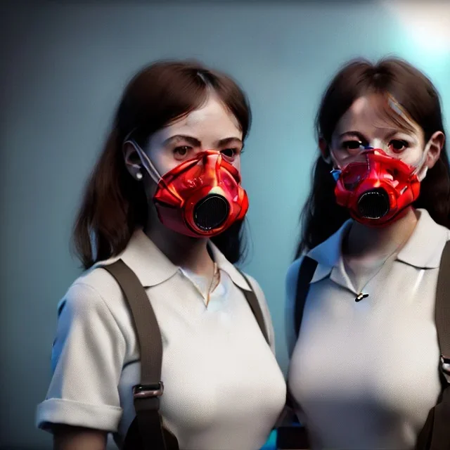 cute girls sitting at the computer in military gas masks. the masks are checkered.