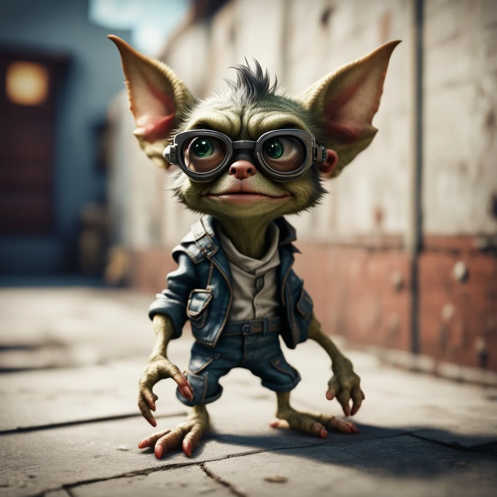 cool gremlin leaning against a wall, wearing flip down glasses, in the style of a fallout 4,bokeh like f/0.8, tilt-shift lens 8k, high detail, smooth render, down-light, unreal engine, prize winning