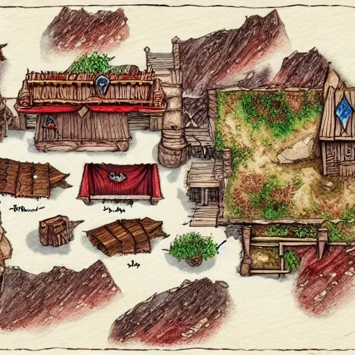 dnd, fantasy, battlemap, map of a tavern, top-down, demonic tavern, red, illustration, watercolour, parchment, fire