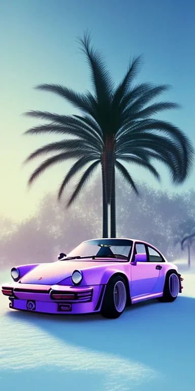 1980's aesthetic vaporwave palm trees with porsche in the winter snow with lightning