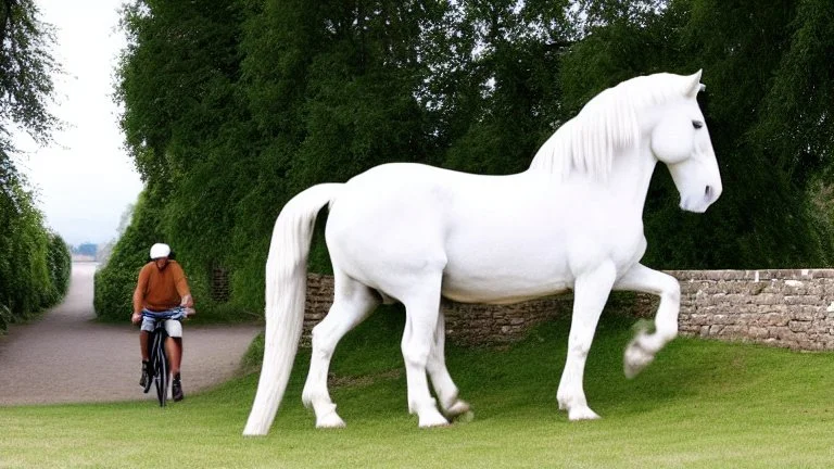 king rides white horse from the castle gate