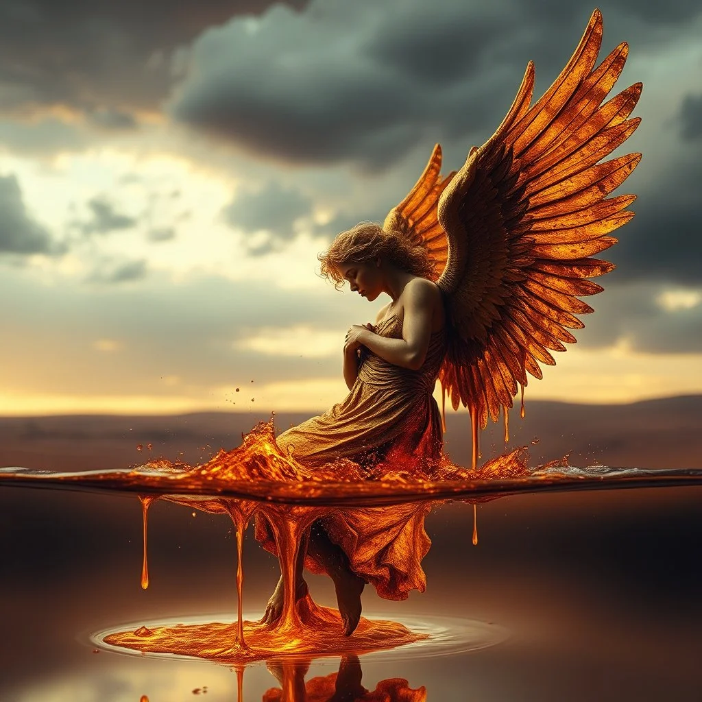 A hyper-realistic photo, A hyper-realistic photo, beautiful fallen angel disintegrating into gold dripping ink and slime::1 ink dropping in water, molten lava,4 hyperrealism, intricate and ultra-realistic details, cinematic dramatic light, cinematic film,Otherworldly dramatic stormy sky and empty desert in the background 64K, hyperrealistic, vivid colors, , 4K ultra detail, , real photo, Realistic Elements, Captured In Infinite Ultra-High-Definition Image Quality And Rendering, Hyperrealism, rea