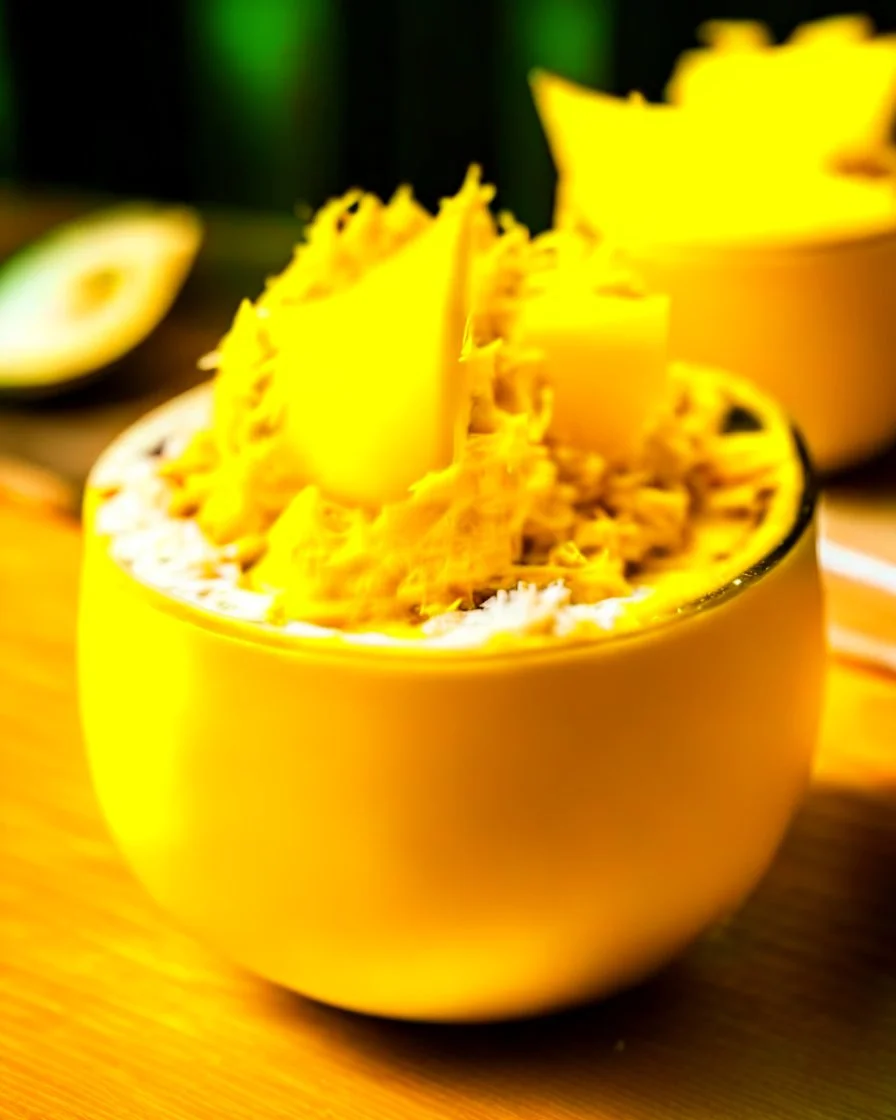 An interesting and visually descriptive boba drink, with a base of creamy coconut milk tea, topped with a layer of fresh mango puree and a sprinkle of toasted coconut flakes, served in a coconut shell for an added tropical touch.