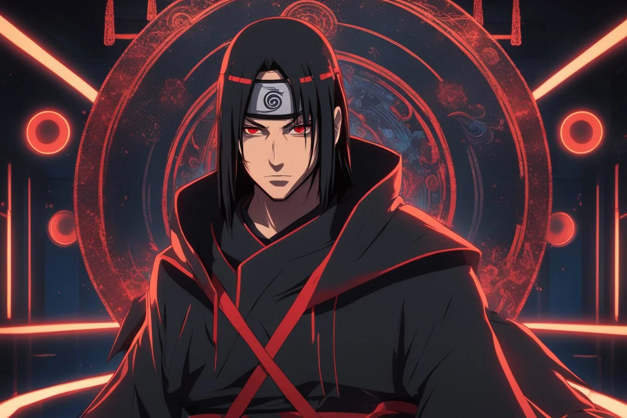 Itachi in 8k concept artstyle, 2D anime them, neon effect, big, close picture, apocalypse, intricate details, highly detailed, high details, detailed portrait, masterpiece,ultra detailed, ultra quality