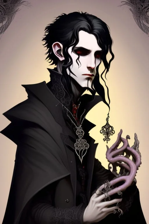 black haired young man necromancer wizard with gothic jewelry and tentacle fingers in the style of Fyodor Pavlov