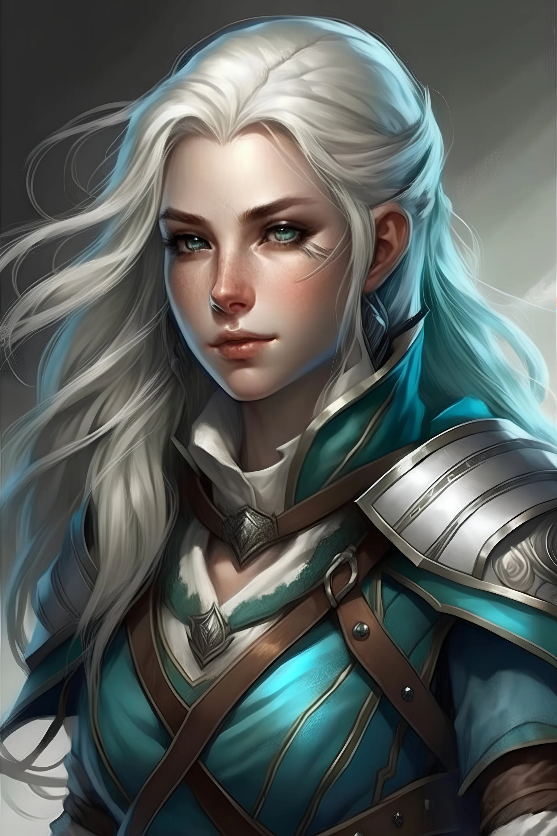 Gale is an air genasi from DND. She has white hair and blue-tinted skin. her eyes are green and brown like the dirt from the earth. Her hair is long and wavy but is often tied up in a high pony. She has armor that shows symbols of protection and justice. She has a sharp face, but kind eyes