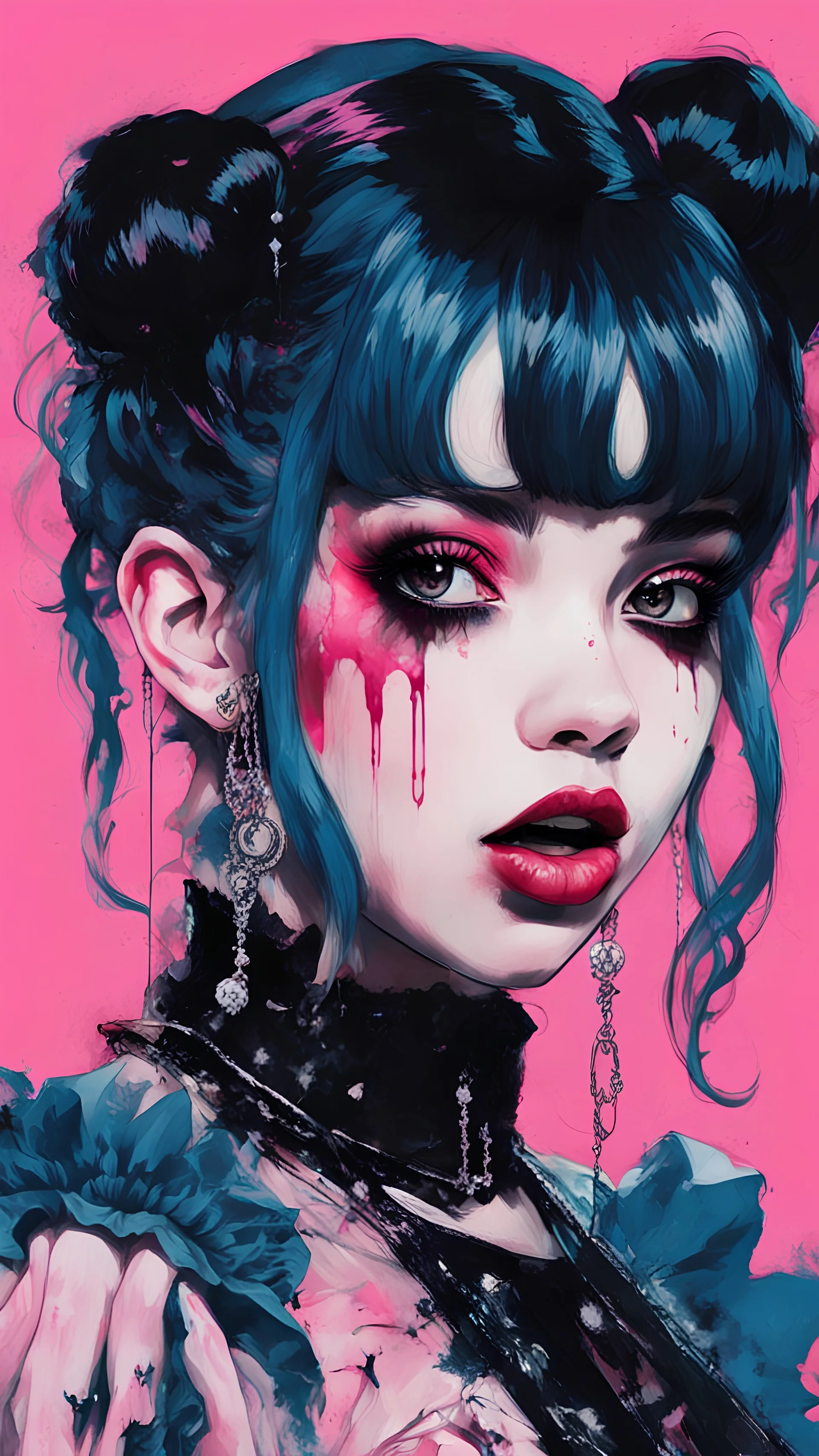 Poster in two gradually, a one side malevolent goth vampire girl face and other side the Singer Melanie Martinez face, full body, painting by Yoji Shinkawa, darkblue and pink tones,