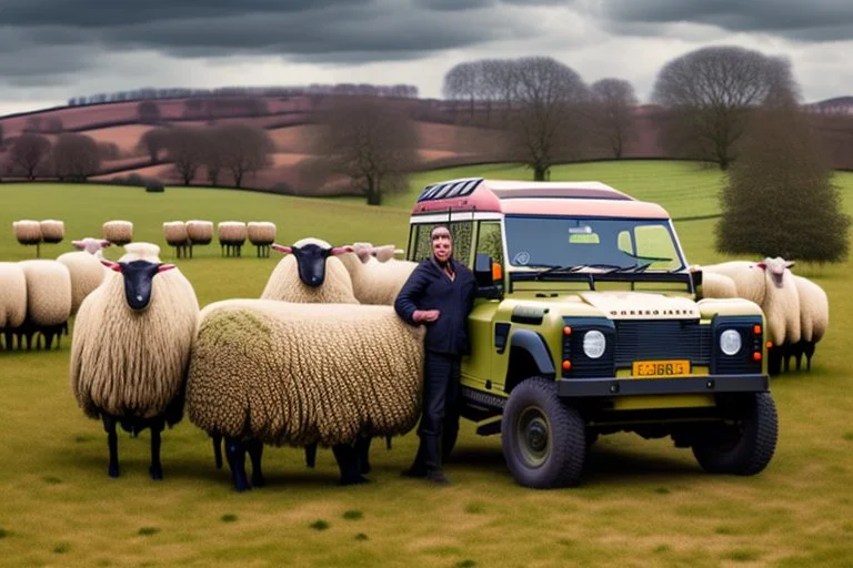 lots of sheep jumping on each other with mechanic, portrait of a broken mechanic, mixed body hybrid part big (sheep), fixing (far away old land rover 4x4 discovery 2) in the countryside