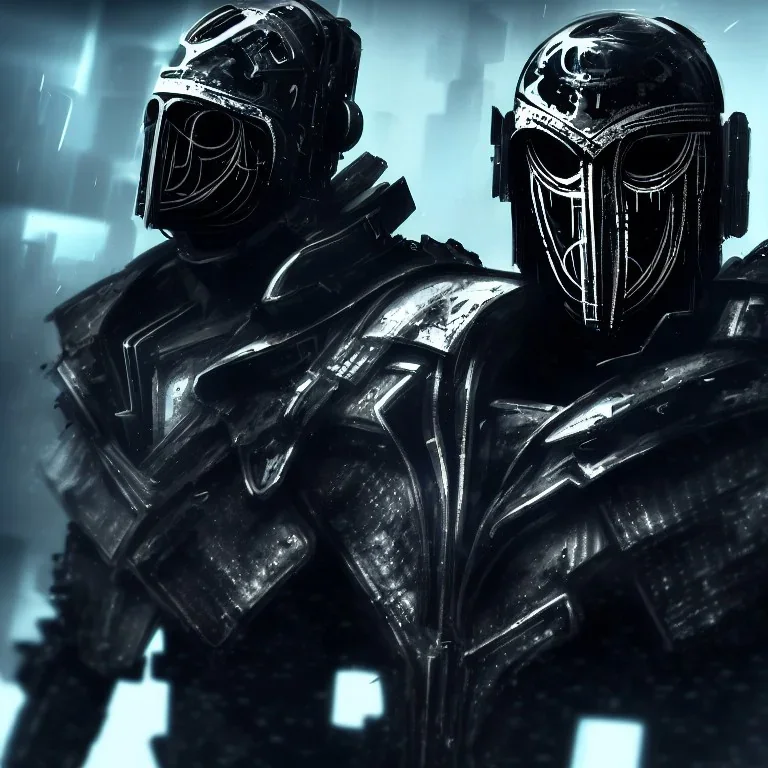 badass wearing a broken mask, black metal armor, futuristic suit, imperious, 8k resolution concept art, cyberpunk