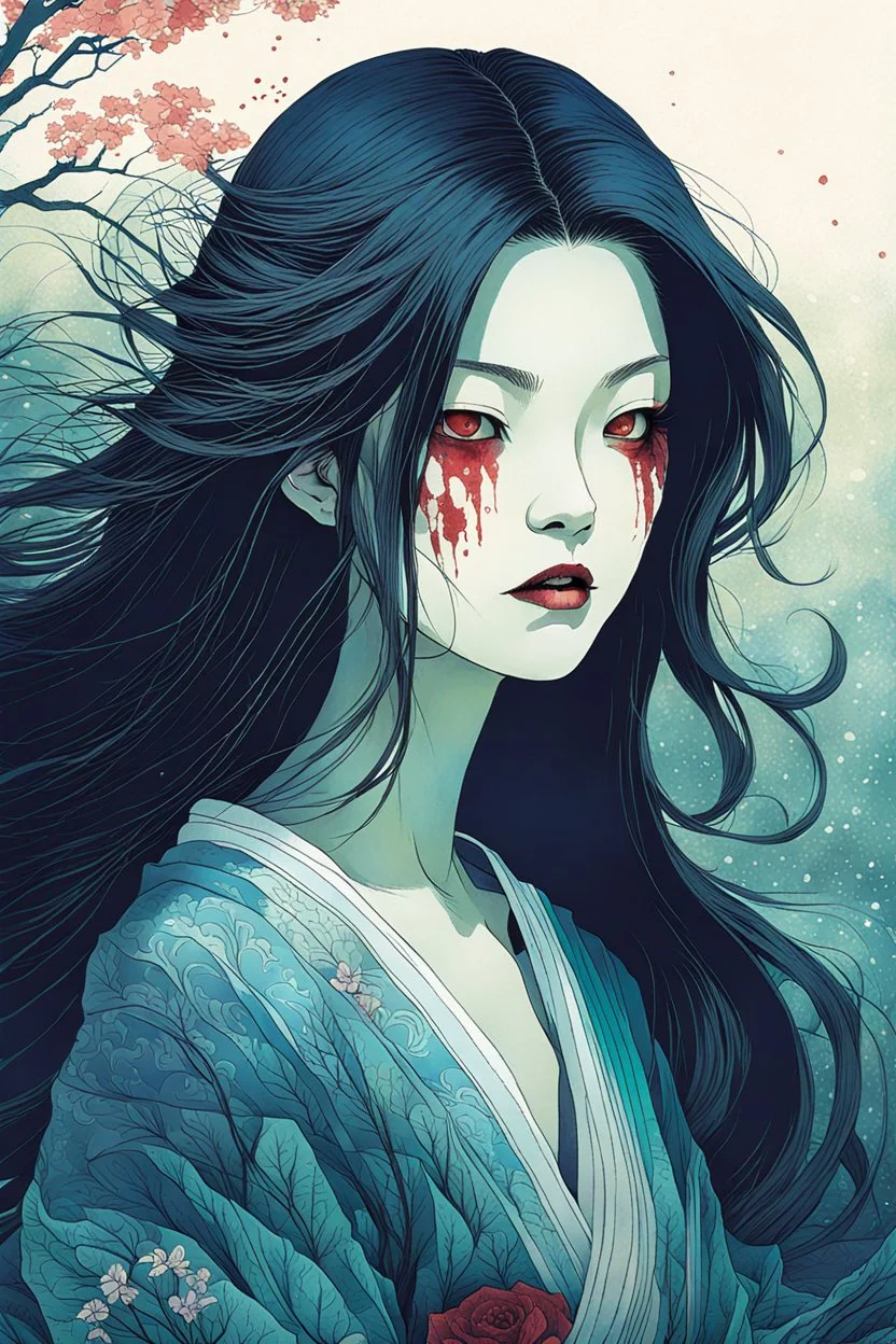 create an imaginative print illustration of an ethereal, otherworldly gaunt and withered ancient female Vetala Yokai vampire , in the style of Hasui Kawase , Shiro Kasamatsu combined with the graphic novel style of Bill Sienkiewicz, with highly detailed feminine facial features