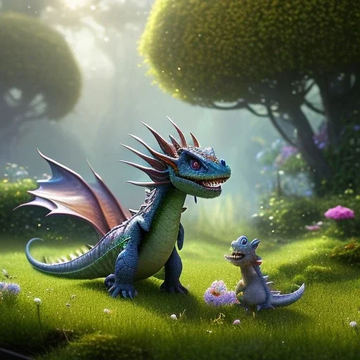 pixar style, volumetric summer garden environment and background, realistic painting of cute baby dragon, looking excited, volumetric lighting, dramatic lighting, detailed digital painting, extreme dense and fine fur, anime, ornate, colour-washed colors, elegant, small minutiae, tiny features, particulars, centered, smooth, sharp focus, renderman gofur render, 8k, uhd, detailed eyes, realistic shaded volumetric lighting, sunlight caustics, backlight, centered camera view