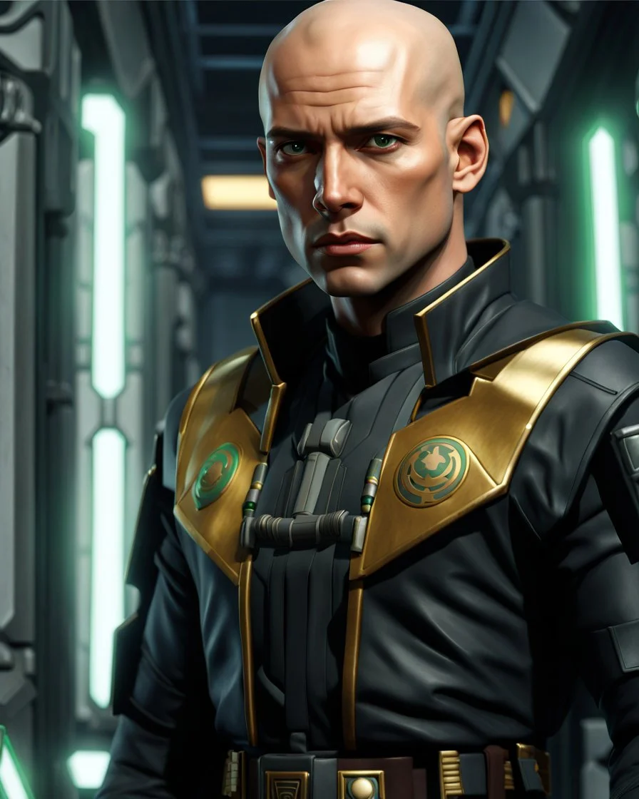 star wars bald male corellian jedi pilot wearing black and gunmetal grey old republic armored robes with gold trim inside the jedi temple holding a lightsaber with viridian green blade in left hand, centered head and shoulders portrait, hyperdetailed, dynamic lighting, hyperdetailed background, 8k resolution, volumetric lighting, light skin, fully symmetric details